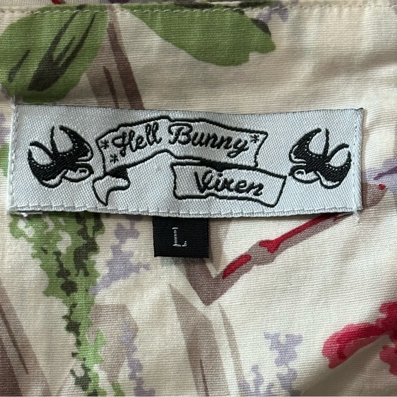 Hell Bunny L Cream Bamboo Floral Print Rockabilly Pinup Swing Vintage Dress - Picture 8 of 13